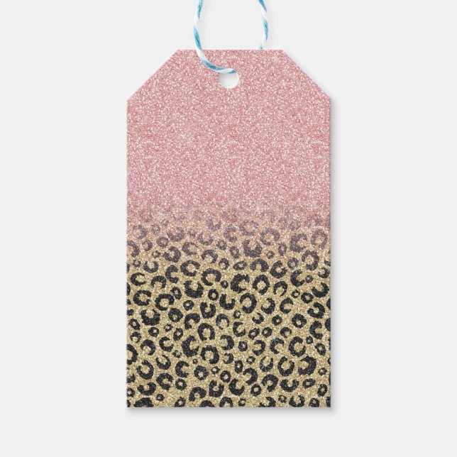 Elegante Rose Gold Glitzer Black Leopard Print Geschenkanhänger (Vorderseite)