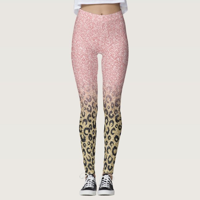 Elegante Rose Gold Glitzer Black Leopard Print Leggings (Vorderseite)