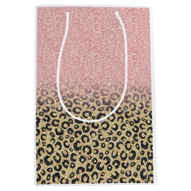 Elegante Rose Gold Glitzer Black Leopard Print Mittlere Geschenktüte (Vorderseite)