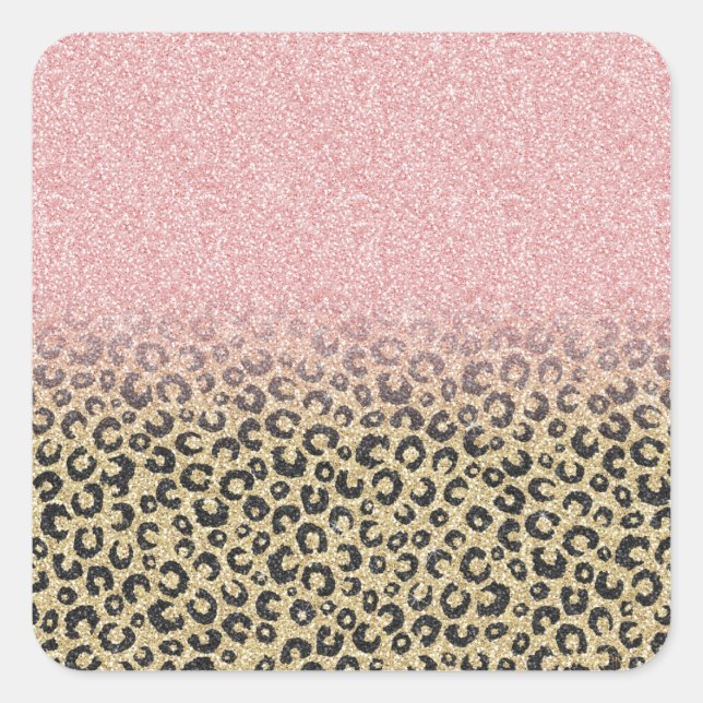 Elegante Rose Gold Glitzer Black Leopard Print Quadratischer Aufkleber (Vorderseite)
