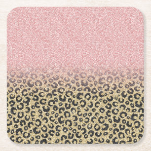 Elegante Rose Gold Glitzer Black Leopard Print Rechteckiger Pappuntersetzer