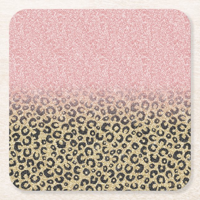Elegante Rose Gold Glitzer Black Leopard Print Rechteckiger Pappuntersetzer (Vorderseite)