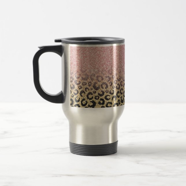 Elegante Rose Gold Glitzer Black Leopard Print Reisebecher (Links)