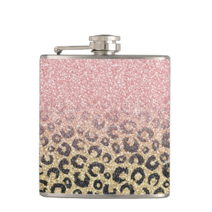 Elegante Rose Gold Glitzer Black Leopard Printwerb Flachmann