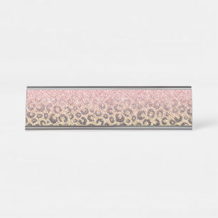 Elegante Rose Gold Glitzer Black Leopard Printwerb Schreibtischnamensplakette