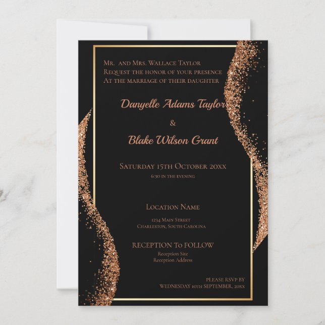 Elegante Rose Gold Glitzer Black Wedding Einladung (Vorderseite)