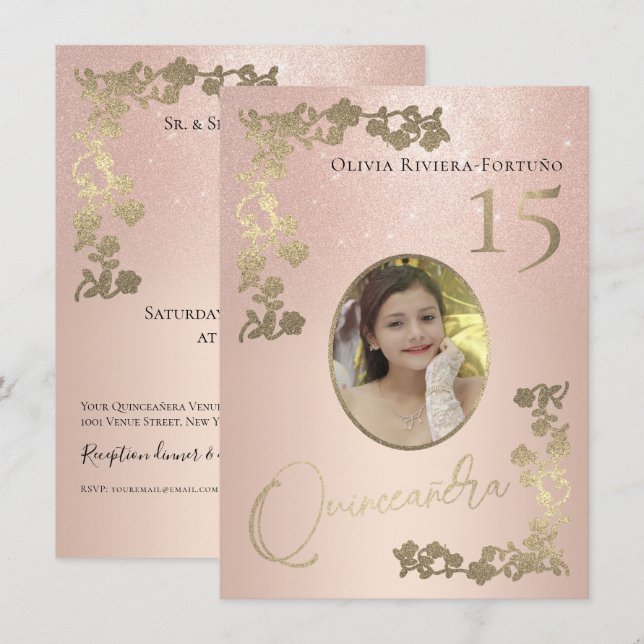 Elegante Rose Gold Glitzer Blumenstrauß Foto Quinc Einladung (Vorne/Hinten)