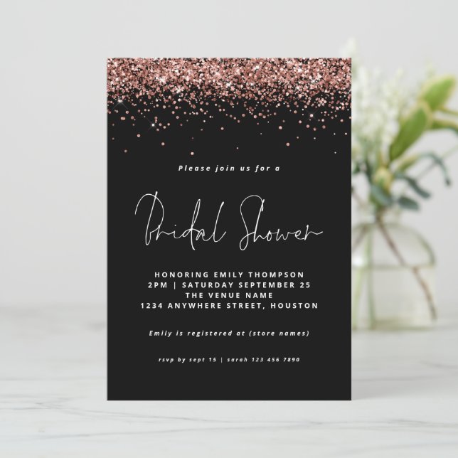 Elegante Rose Gold Glitzer Brautparty Schwarz Einladung (Stehend Vorderseite)