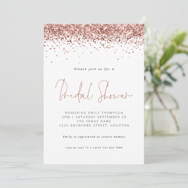 Elegante Rose Gold Glitzer Brautparty Weiß Einladung (Stehend Vorderseite)