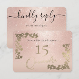 Elegante Rose Gold Glitzer Chic Floral Quinceanera RSVP Karte