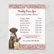 Elegante Rose Gold Glitzer Dog Grooming Menu