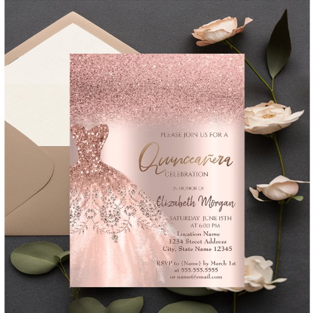 Elegante Rose Gold Glitzer Dress Quinceañera Einladung (Von Creator hochgeladen)