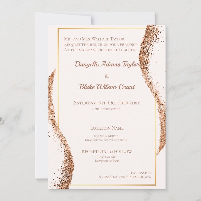 Elegante Rose Gold Glitzer Einladung zur Hochzeit (Vorderseite)