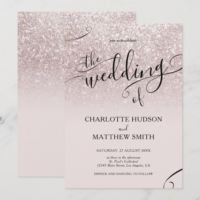 Elegante Rose Gold Glitzer Einladung zur Hochzeit (Vorne/Hinten)