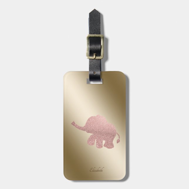 Elegante Rose Gold Glitzer Elefant-Personalisiert Gepäckanhänger (Vorderseite vertikal)