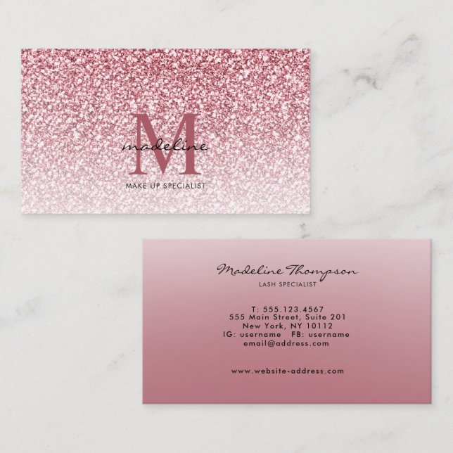 Elegante Rose Gold Glitzer Girly Monogram Visitenkarte (Vorne/Hinten)