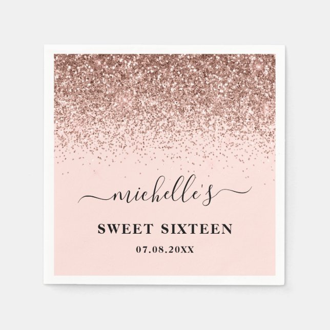 Elegante Rose Gold Glitzer Glitzern Name Sweet 16 Serviette (Vorderseite)