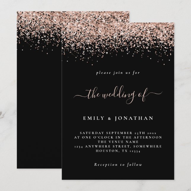 Elegante Rose Gold Glitzer Hochzeit Schwarz Einladung (Vorne/Hinten)