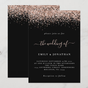 Elegante Rose Gold Glitzer Hochzeit Schwarz Einladung