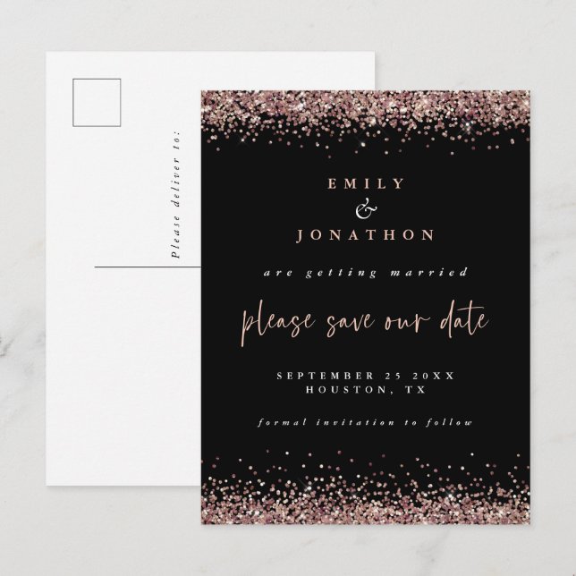 Elegante Rose Gold Glitzer Hochzeit Schwarz Rett D Ankündigungspostkarte (Vorne/Hinten)