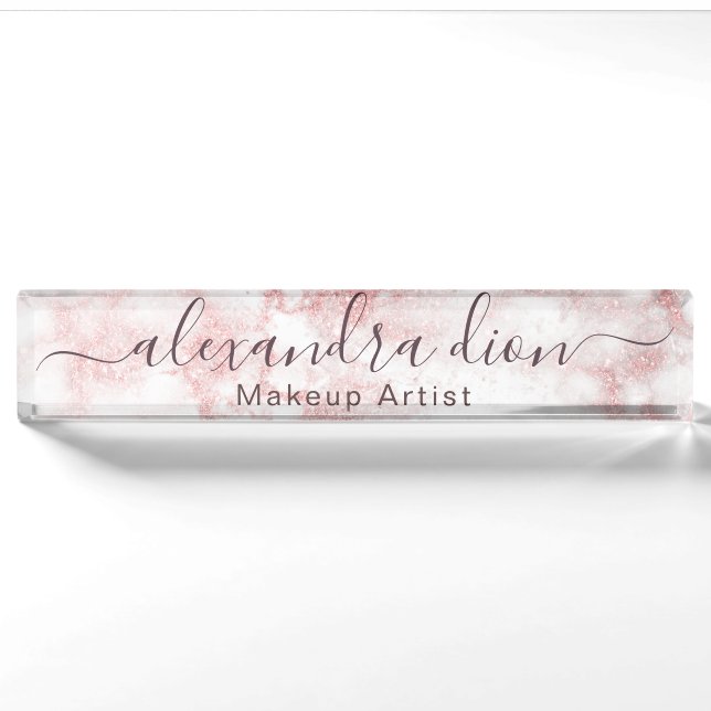 Elegante Rose Gold Glitzer Marmor Makeup Künstler Namensplakette (Vorderseite)