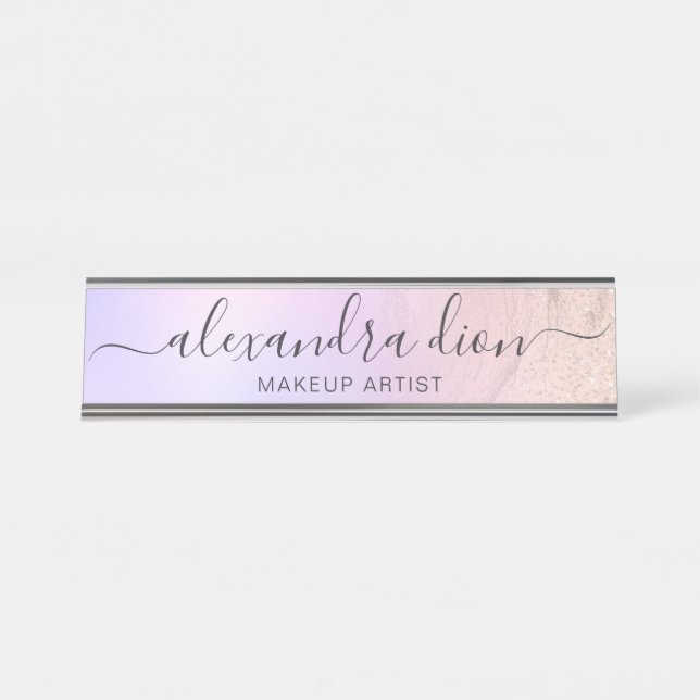 Elegante Rose Gold Glitzer Marmor Makeup Künstler Schreibtischnamensplakette (Vorderseite )