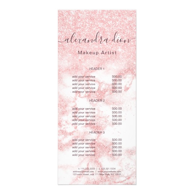Elegante Rose Gold Glitzer Marmor Makeup Künstler Werbekarte (Vorne)