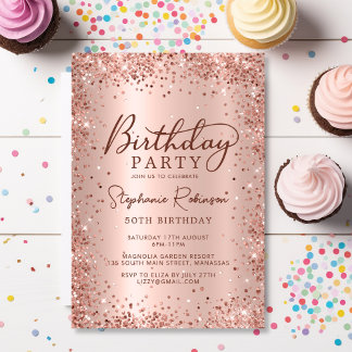 Elegante Rose Gold Glitzer Metal 50. Geburtstag Einladung