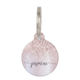 Elegante Rose Gold Glitzer Monogram Name Script Haustiermarke