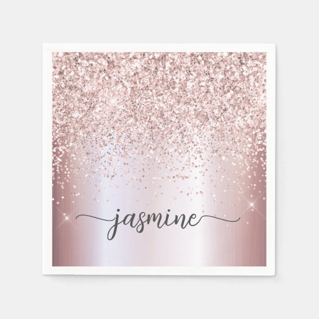 Elegante Rose Gold Glitzer Monogram Name Script Serviette (Vorderseite)
