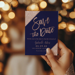 Elegante Rose Gold Glitzer Navy Blue Bat Mitzvah Ankündigungspostkarte