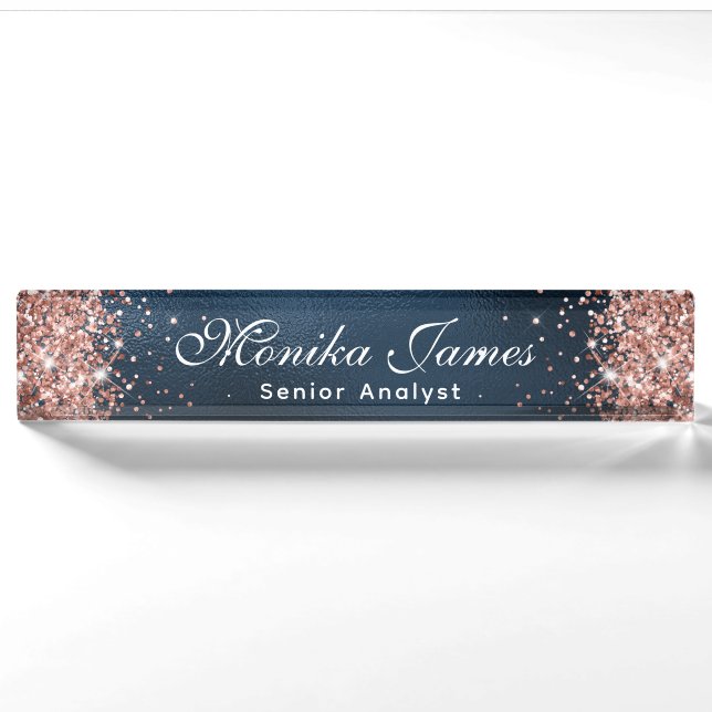 Elegante Rose Gold Glitzer Navy Blue Foil Namensplakette (Vorderseite)