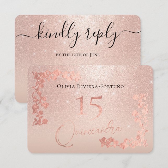 Elegante Rose Gold Glitzer Olivenweg RSVP Karte (Vorne/Hinten)