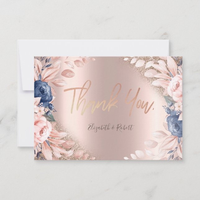 Elegante Rose Gold Glitzer Ombre Blue Blume Dankeskarte (Vorderseite)