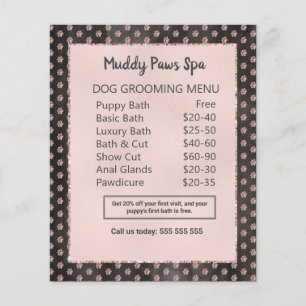 Elegante Rose Gold Glitzer Paws Dog Grooming Menu Flyer