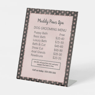 Elegante Rose Gold Glitzer Paws Dog Grooming Menu Sockelschild