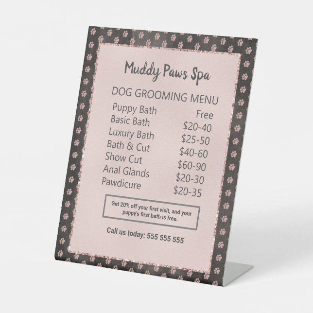 Elegante Rose Gold Glitzer Paws Dog Grooming Menu Sockelschild (Vorderseite)