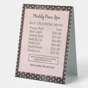 Elegante Rose Gold Glitzer Paws Dog Grooming Menu Tischaufsteller
