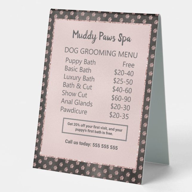 Elegante Rose Gold Glitzer Paws Dog Grooming Menu Tischaufsteller (Vorderseite)