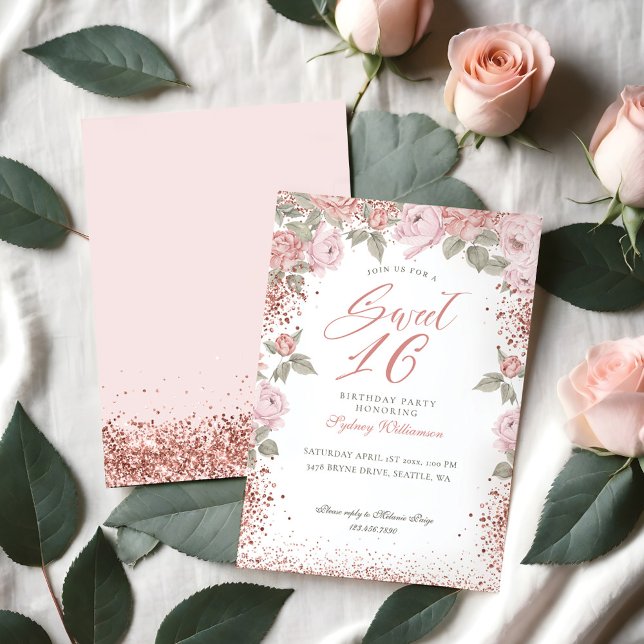 Elegante Rose Gold Glitzer Peony Florals Sweet 16 Einladung (Elegant Rose Gold Glitter Peony Florals Sweet 16 Invitation)