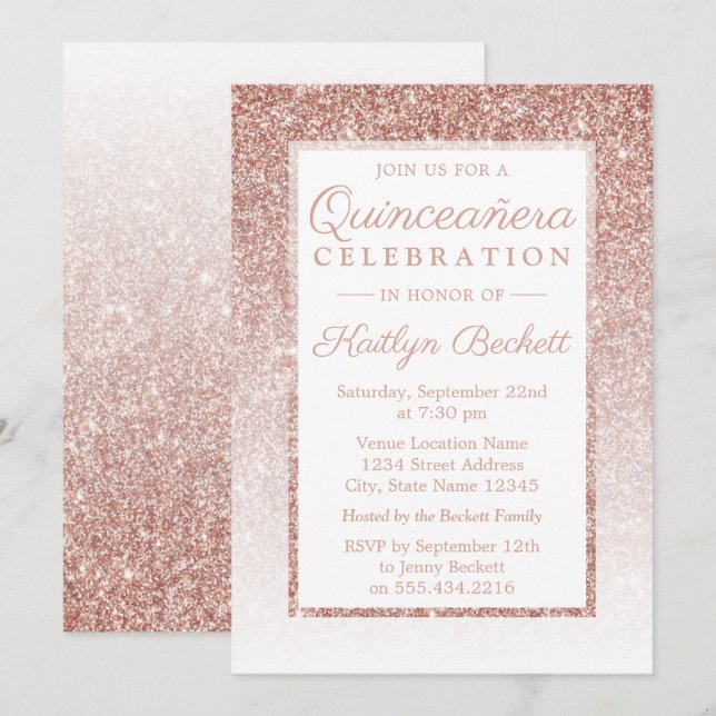 Elegante Rose Gold Glitzer Quinceañera Geburtstag Einladung (Vorne/Hinten)