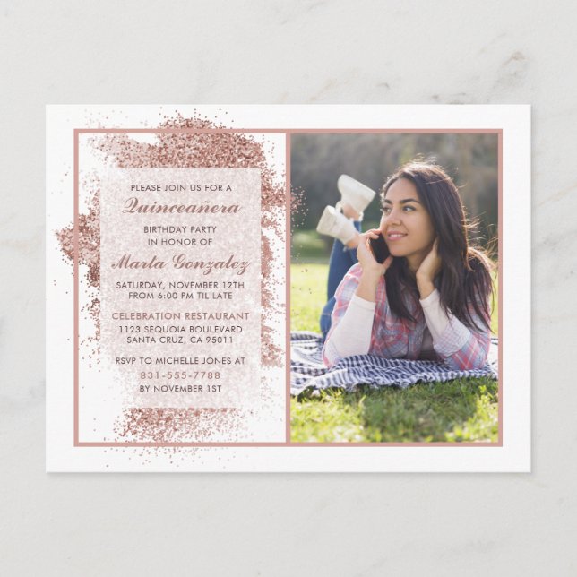 Elegante Rose Gold Glitzer Quinceañera Party Foto Einladungspostkarte (Vorderseite)