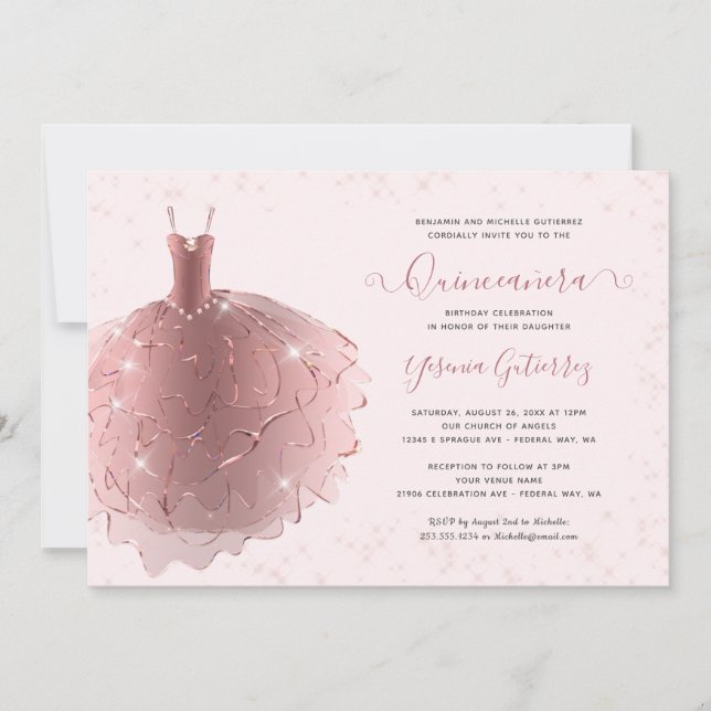 Elegante Rose Gold Glitzer Quinceñera Kleid Einladung (Vorderseite)