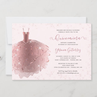 Elegante Rose Gold Glitzer Quinceñera Kleid Einladung