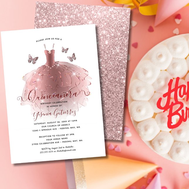 Elegante Rose Gold Glitzer Quinceñera Kleid Einladung (Elegant Rose Gold Glitter Quinceañera Dress Invitation
)
