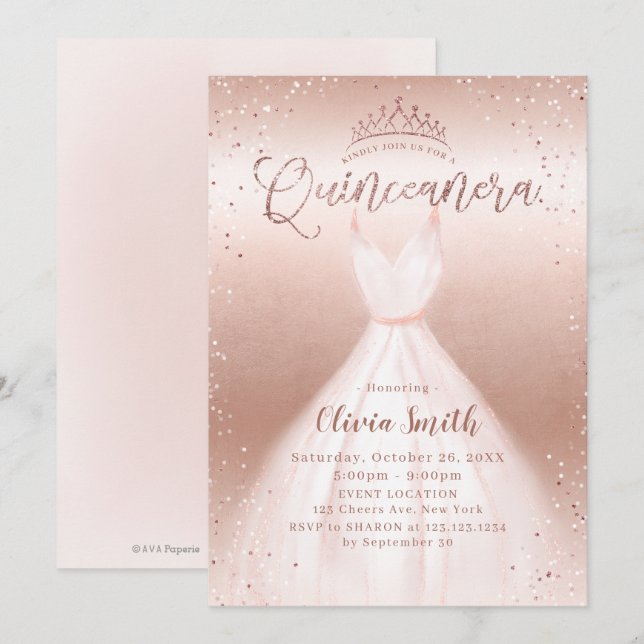 Elegante Rose Gold Glitzer rosa Kleid quinceañera Einladung (Vorne/Hinten)