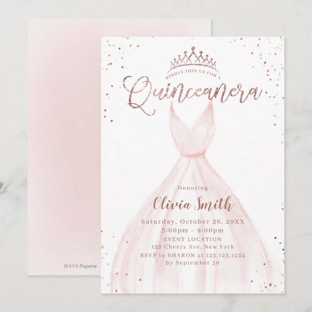 Elegante Rose Gold Glitzer Rosa Kleid Quinceañera  Einladung (Vorne/Hinten)