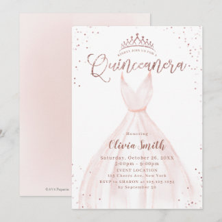 Elegante Rose Gold Glitzer Rosa Kleid Quinceañera Einladung