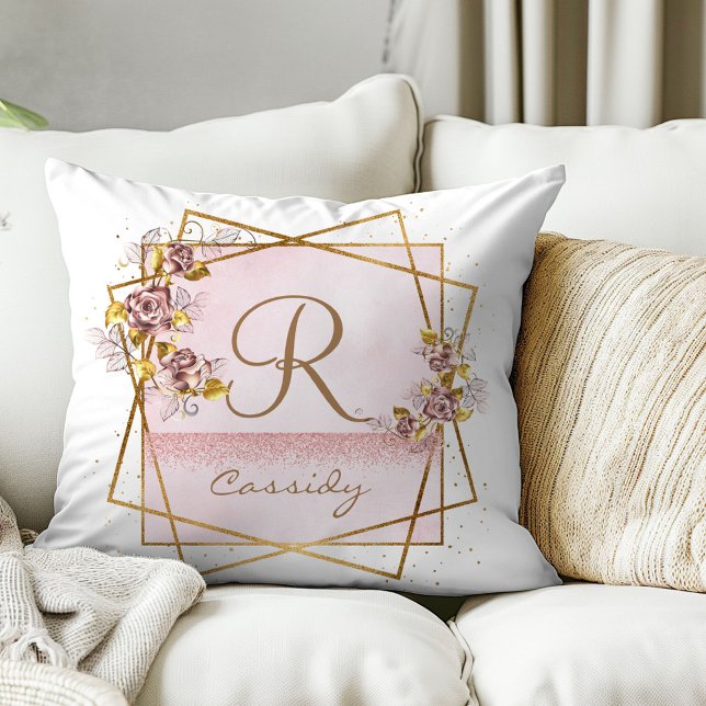 Elegante Rose Gold Glitzer Rose Monogram Kissen (Von Creator hochgeladen)