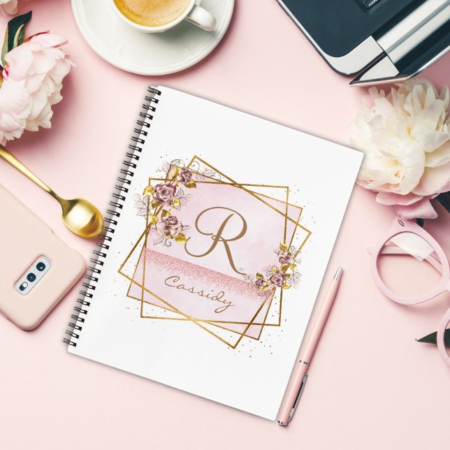 Elegante Rose Gold Glitzer Rose Monogram Notizbuch (Von Creator hochgeladen)